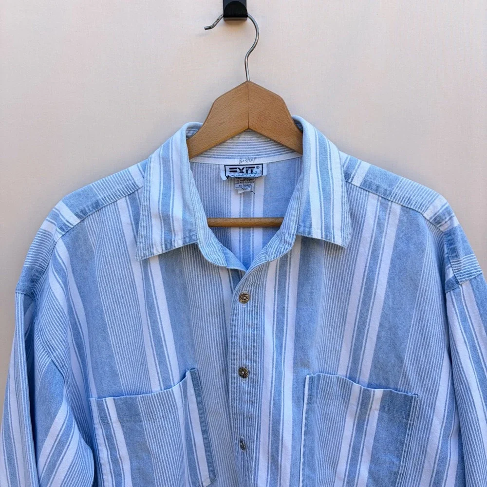 Vintage Exit Button Down Mens XL Blue Striped Denim Shirt Long Sleeve Western - Picture 5 of 9